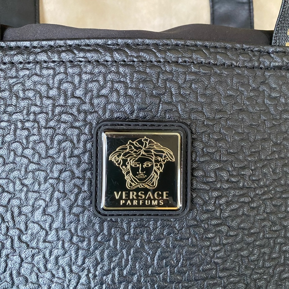 Versace Perfums Black Faux Leather Tote Bag Gold Accents Drawstring Magnetic Big - Picture 2 of 13